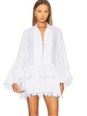 Bardot Antonia Lace Trim Long Sleeve Linen Minidress Size XL NWOT
